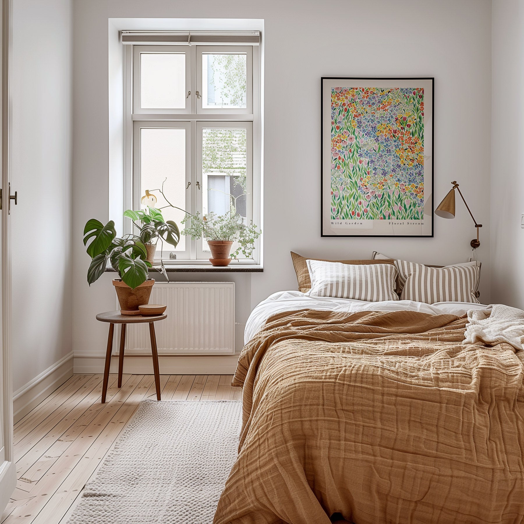 wild garden print styled large above a bed