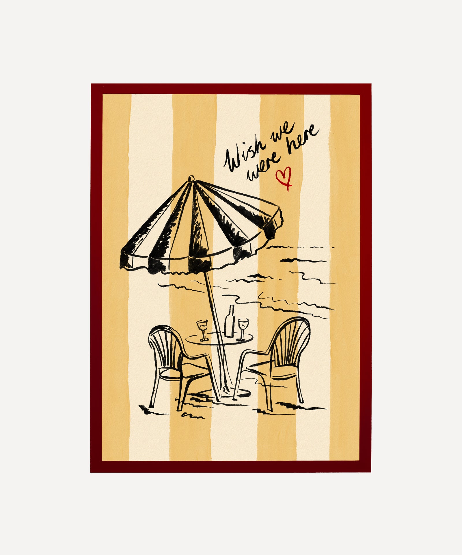 "Wish We Were Here" ink sketch print of a beach parasol and plastic chairs on a striped background, seaside wall art in frame