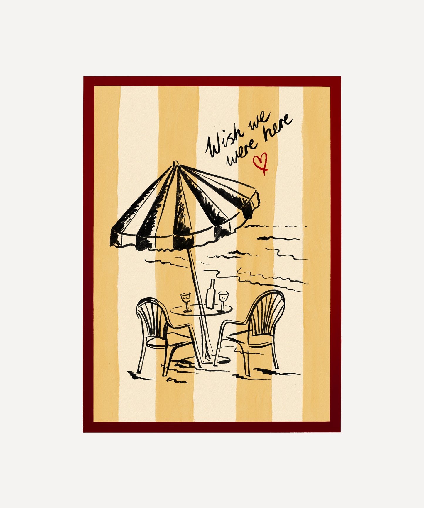 "Wish We Were Here" ink sketch print of a beach parasol and plastic chairs on a striped background, seaside wall art in frame