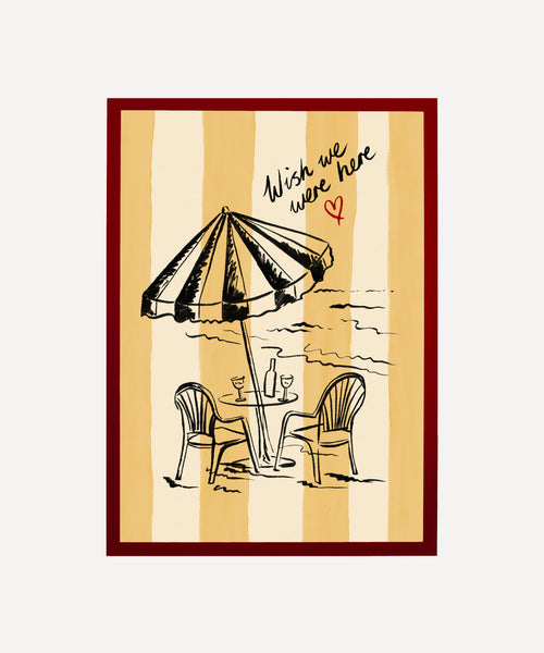 "Wish We Were Here" ink sketch print of a beach parasol and plastic chairs on a striped background, seaside wall art in frame