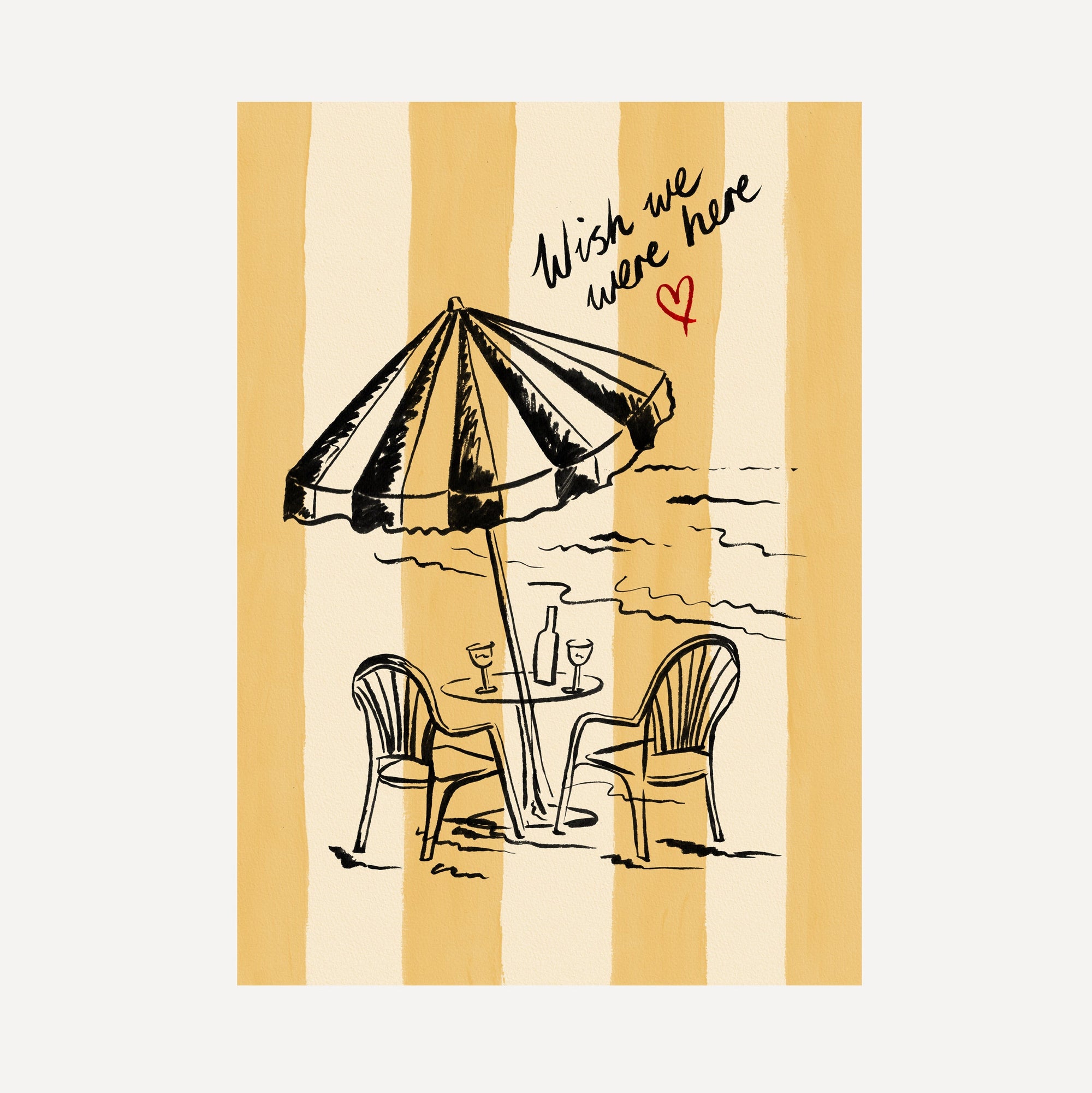 "Wish We Were Here" ink sketch print of a beach parasol and plastic chairs on a striped background, seaside wall art