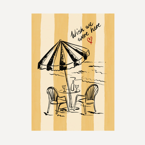 "Wish We Were Here" ink sketch print of a beach parasol and plastic chairs on a striped background, seaside wall art