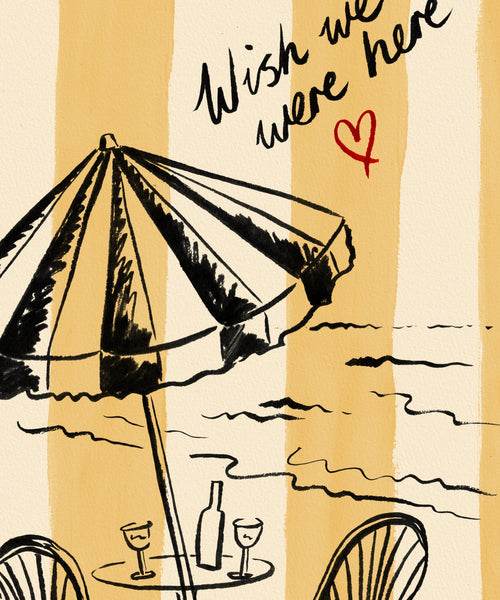 "Wish We Were Here" ink sketch print of a parasol and plastic chairs on a striped background, seaside  wall art close up