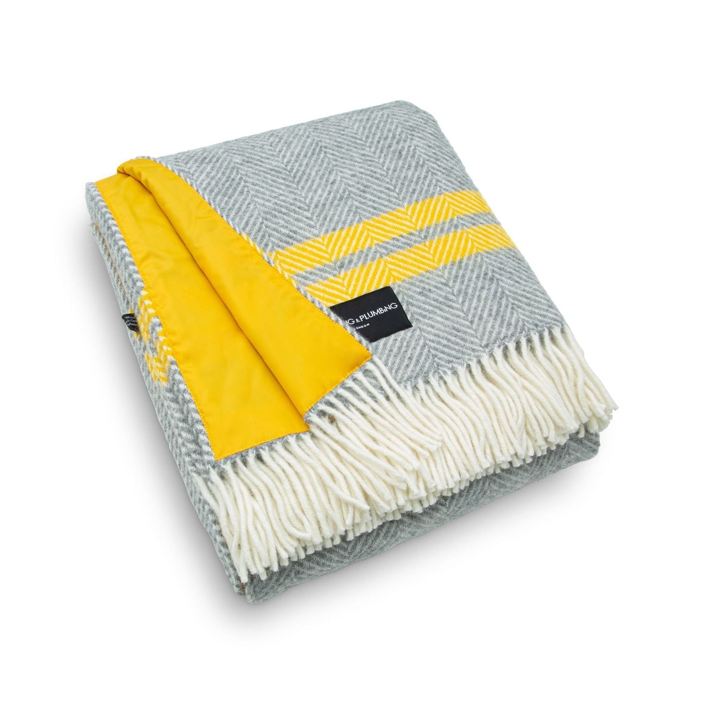 Grey wool picnic blanket with yellow stripes, cream fringe, and waterproof yellow backing – Heating & Plumbing London