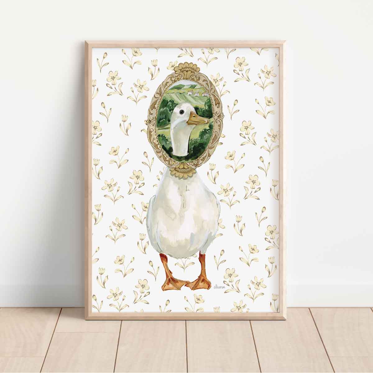 white duck illustration with ducks head in vintage frame. Perfect for Cottage home, vintage childrens style nursery room.