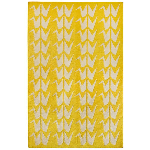 Yellow Rug handwoven with light grey geometric Crane motif