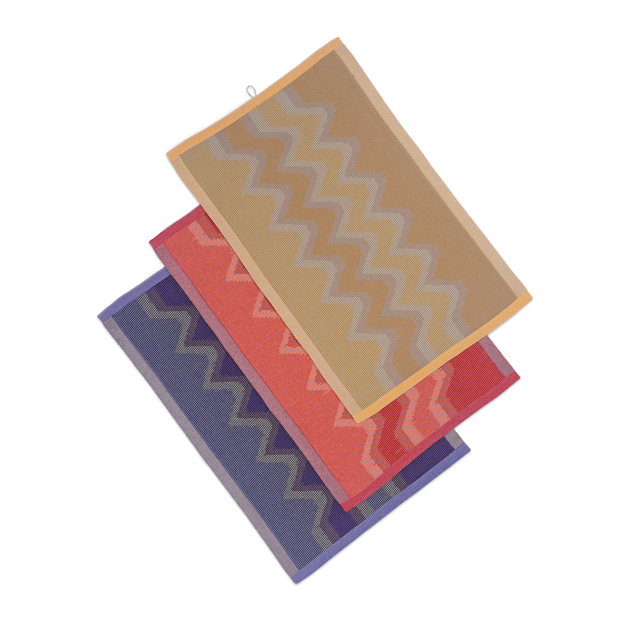 top view of yellow, red and purple knit organic cotton kitchen towel set with zig zag pattern