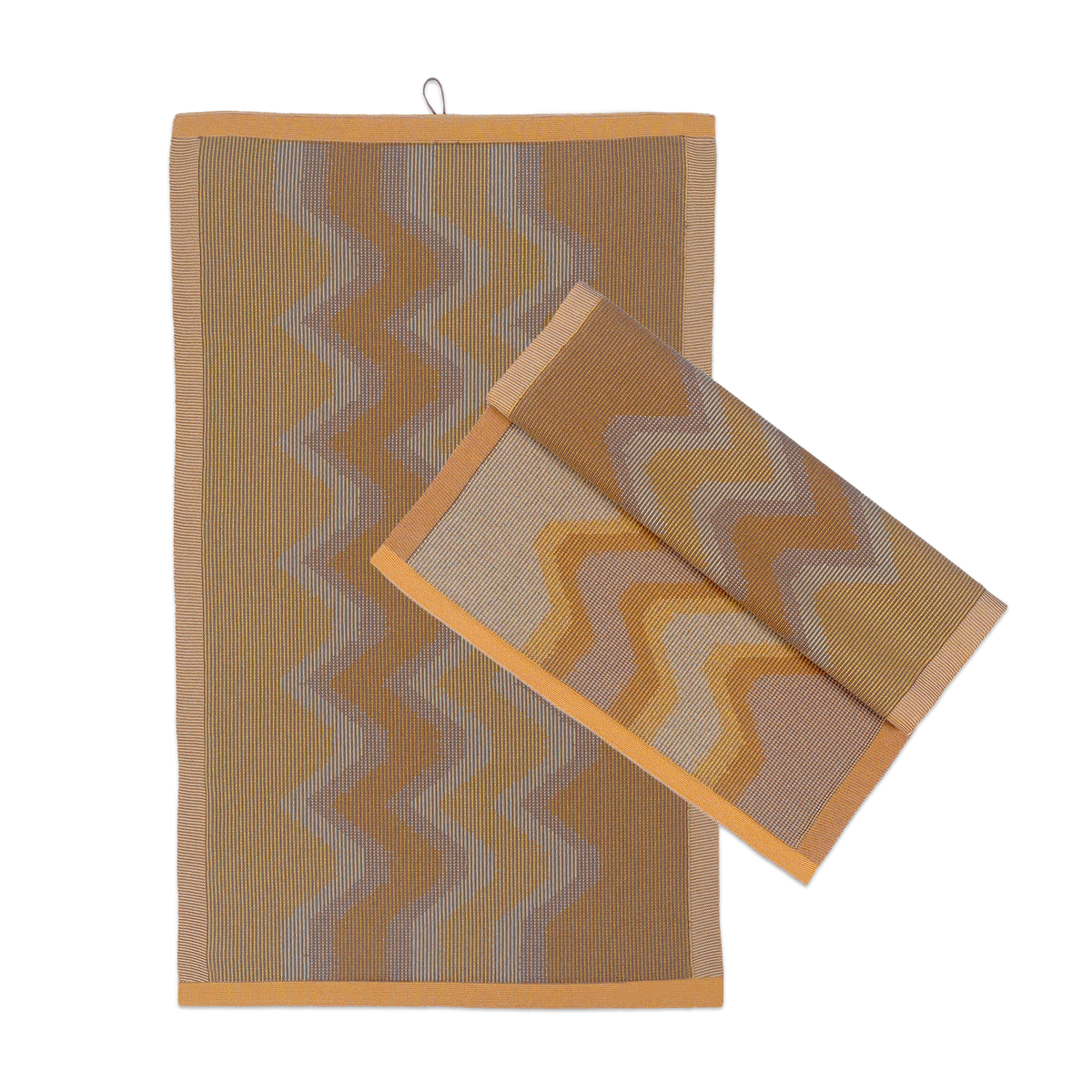 front view of yellow knit organic cotton kitchen towel set with zig zag pattern