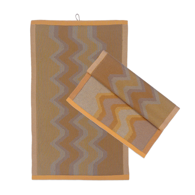 front view of yellow knit organic cotton kitchen towel set with zig zag pattern