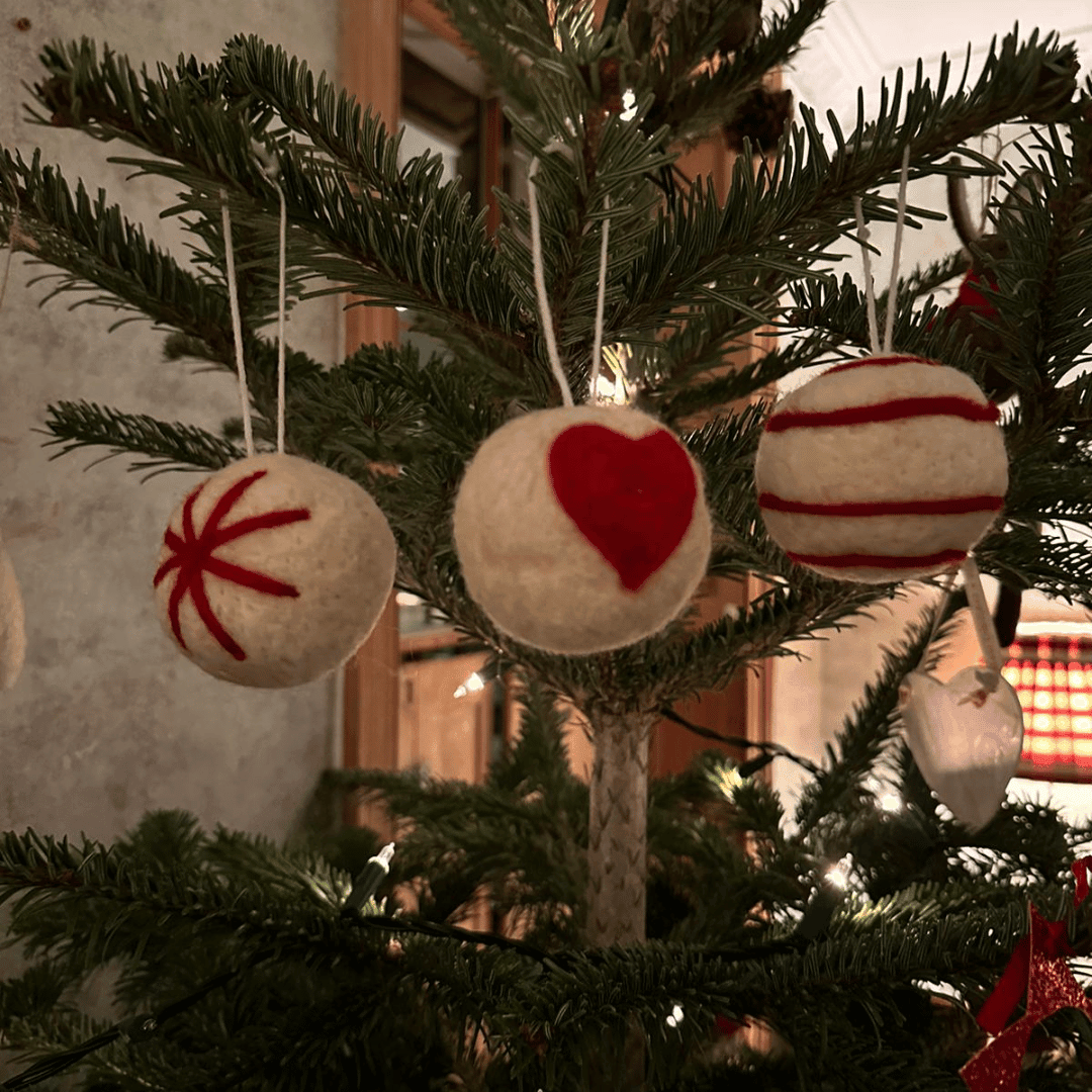 Cream & Red Felt Baubles - Set Of 3