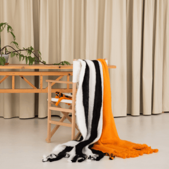 Viso Mohair Blanket Black Orange & White Horizontal Stripes