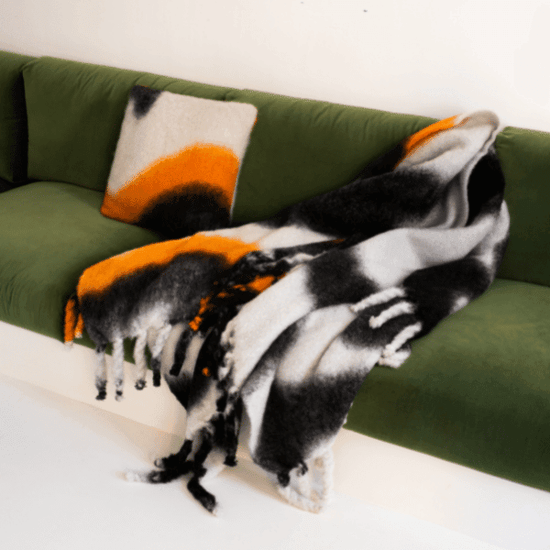 Viso Mohair Pillow Black, Orange and White Pattern