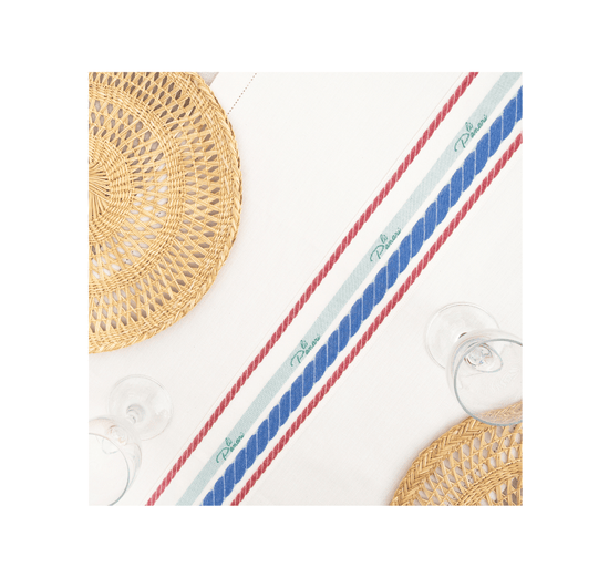 Load image into Gallery viewer, Li Panari Table Runner White with Red &amp;amp; Blue
