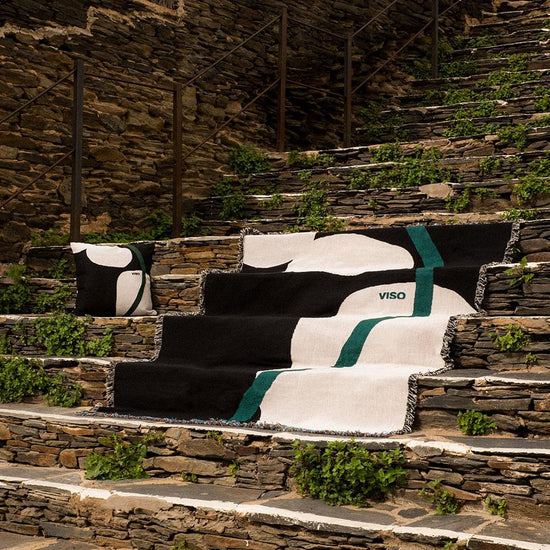 Viso Tapestry Blanket Cream, Black and Green abstract stairs