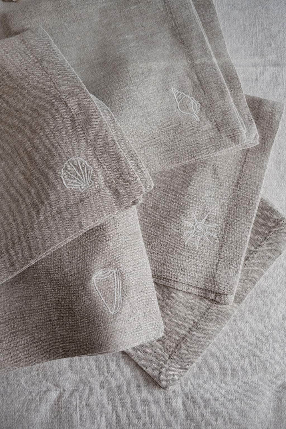 Grey Shell Embroidered Linen Napkins - Set of 4