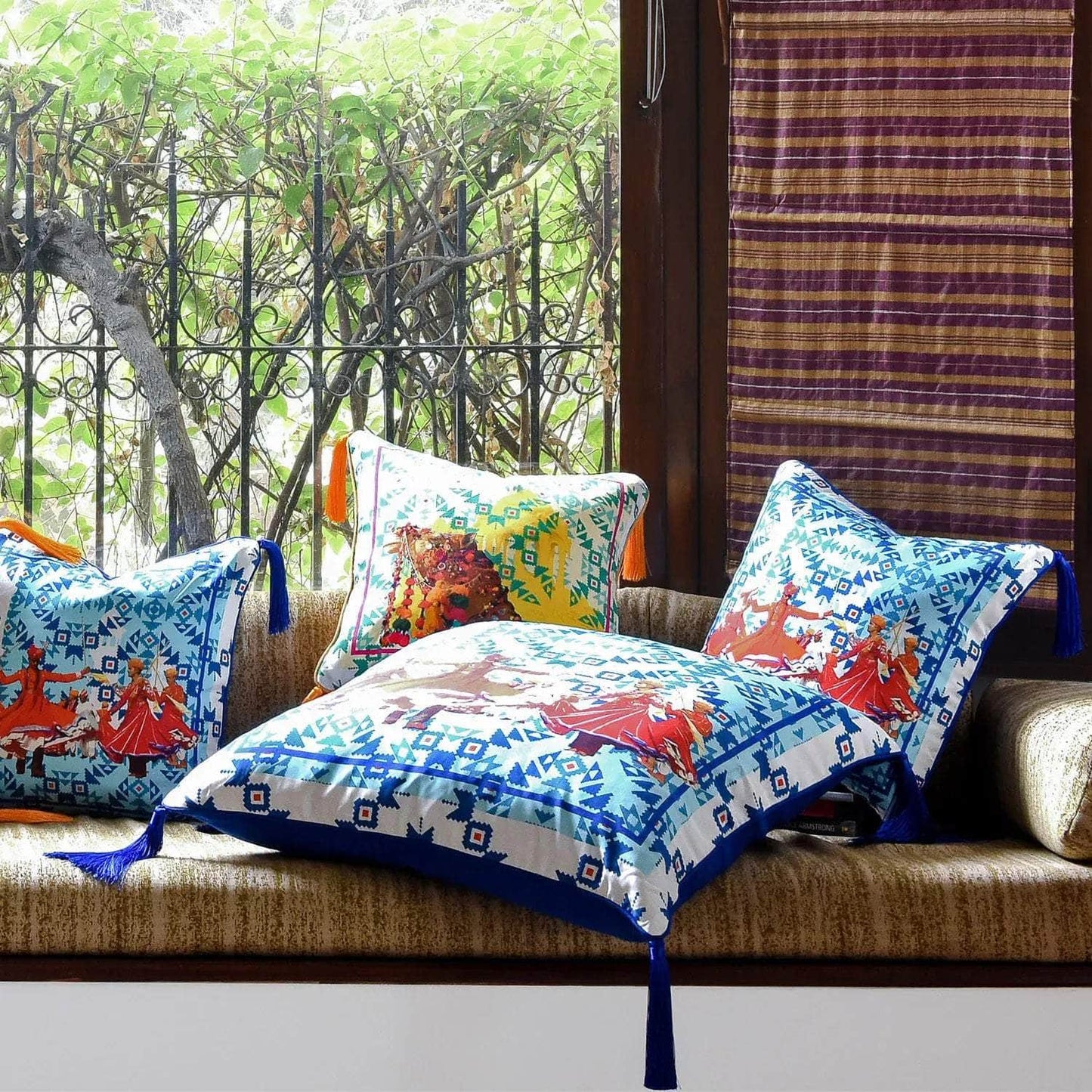 Silk Twill and Velvet Blue Graphic Print Tasselled Cushion
