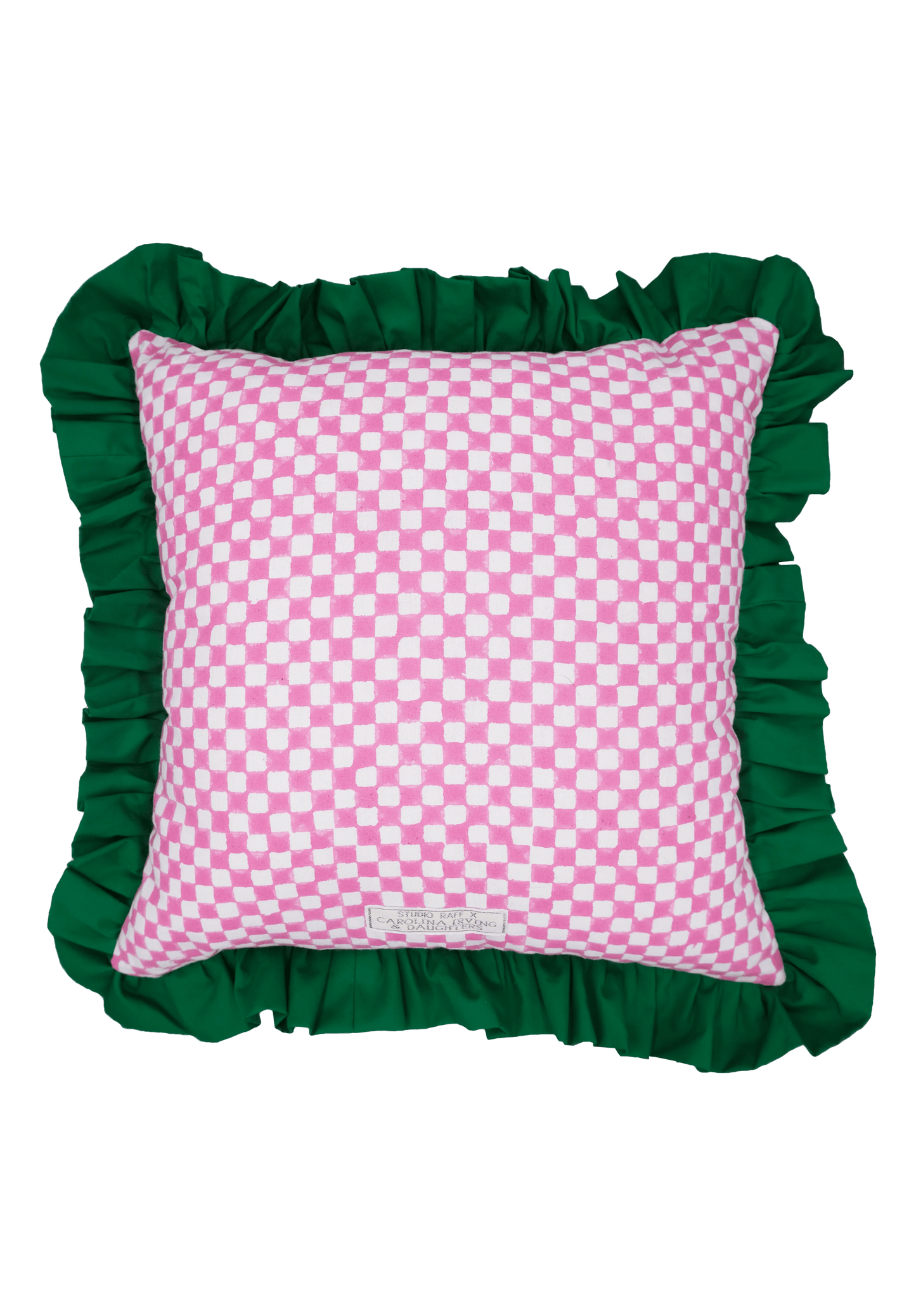 Pink And White Checkerboard Green Ruffle Cushion