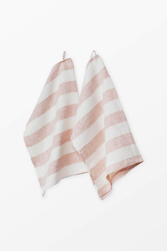 Pink + White Stripe Linen Kitchen Towels - Set of 2