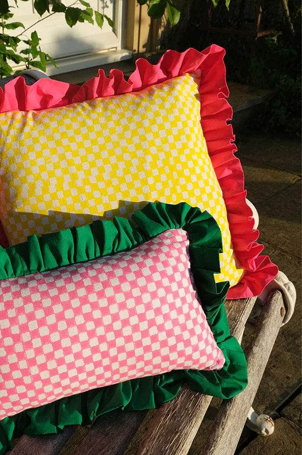 Pink And White Checkerboard Green Ruffle Cushion | Rectangle