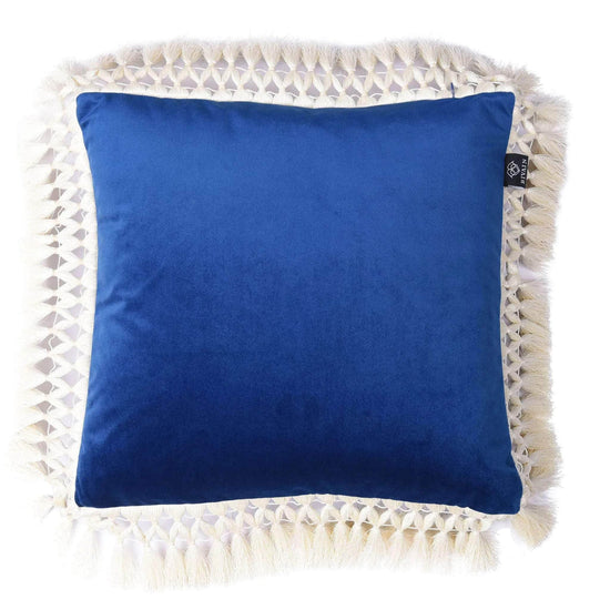 Load image into Gallery viewer, Indigo &amp;amp; Pale Blue Oriental Velvet Cushion with Ivory Fringe
