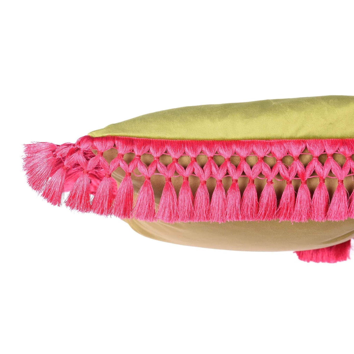 Pistachio & Olive Oriental Velvet Cushion with Fuschia Fringe