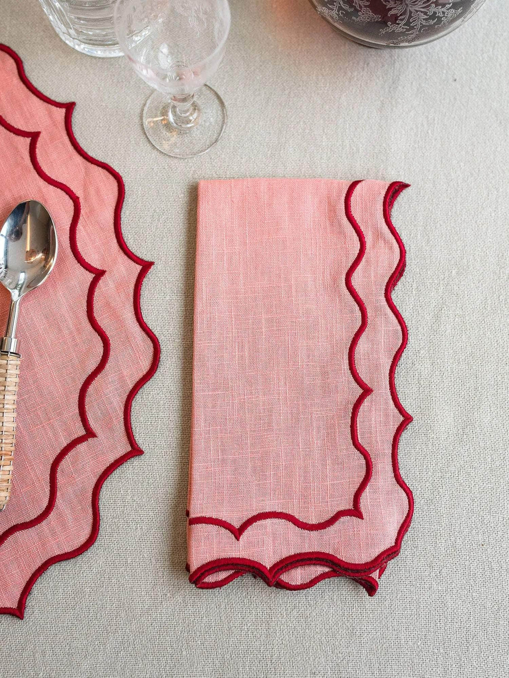Navy Napkin, Peach Pink with Red