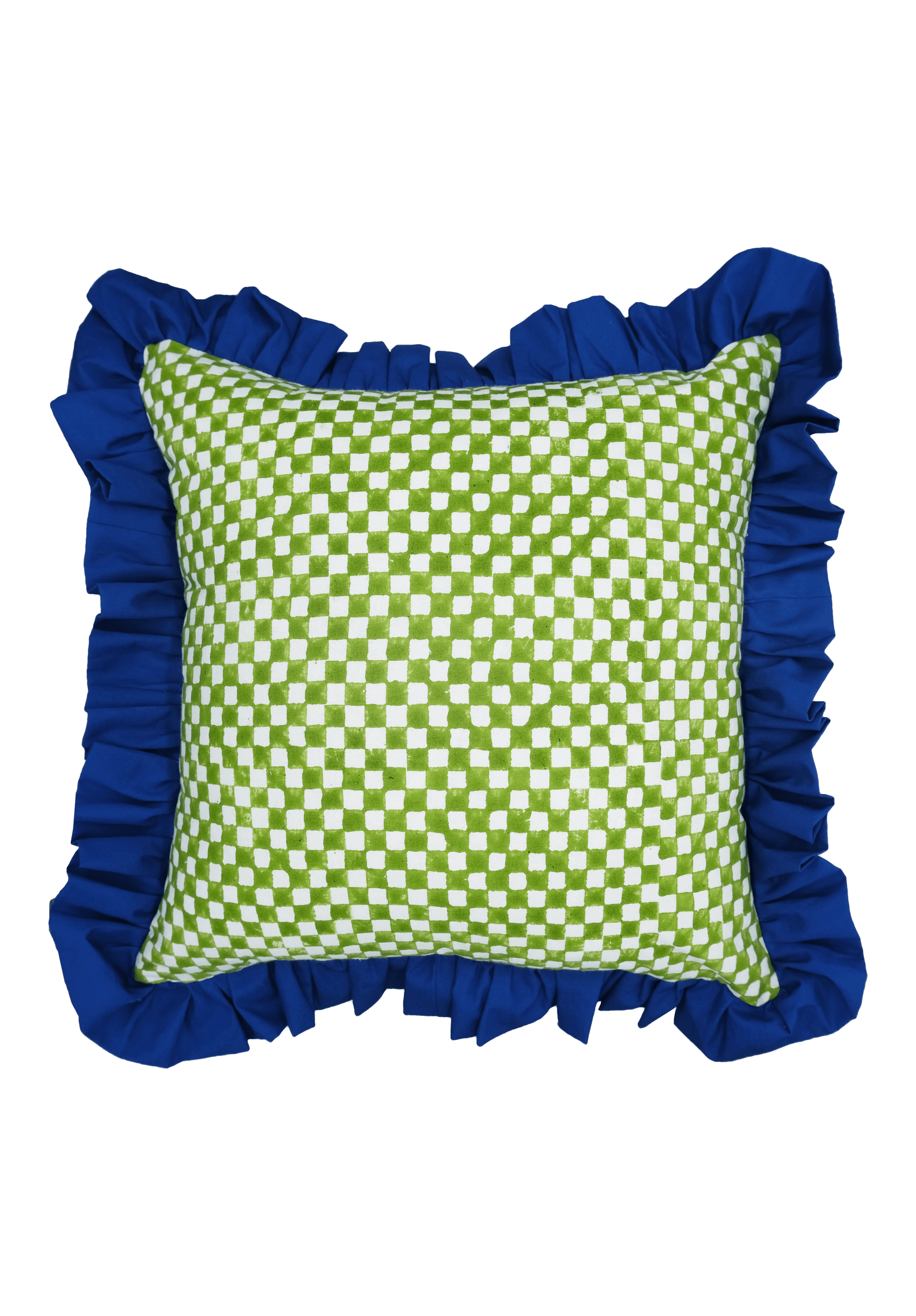 Green and White Checkerboard with Ruffle Detail Cushion | Square