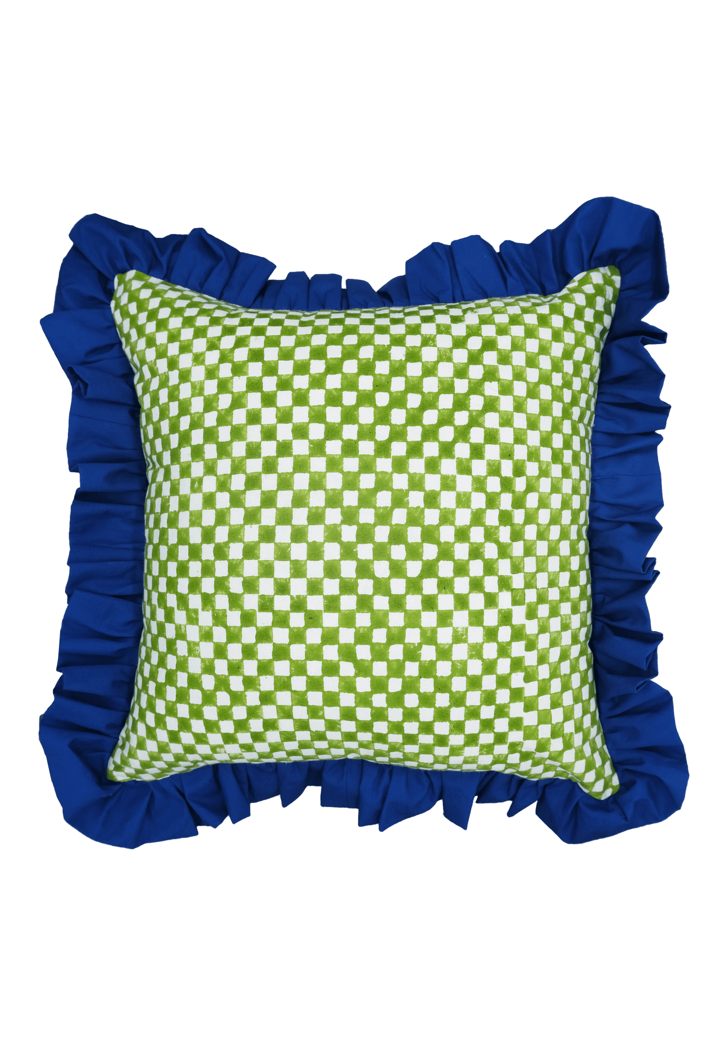 Green and White Checkerboard with Ruffle Detail Cushion