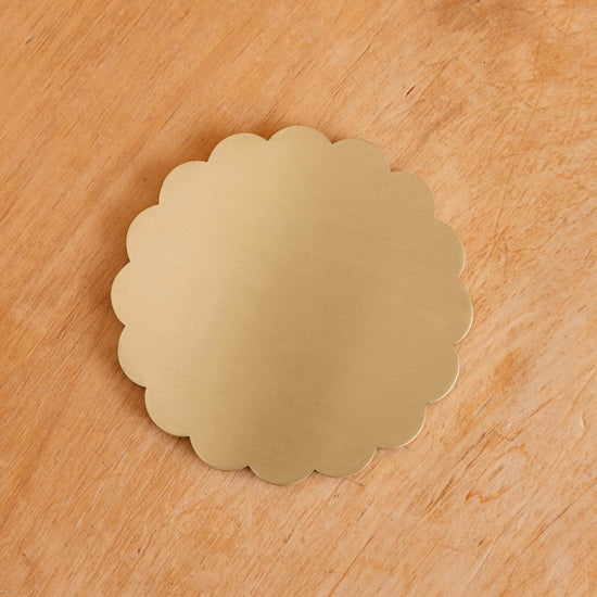 Scalloped Brass Coaster in Rattan Holder, Set of Four