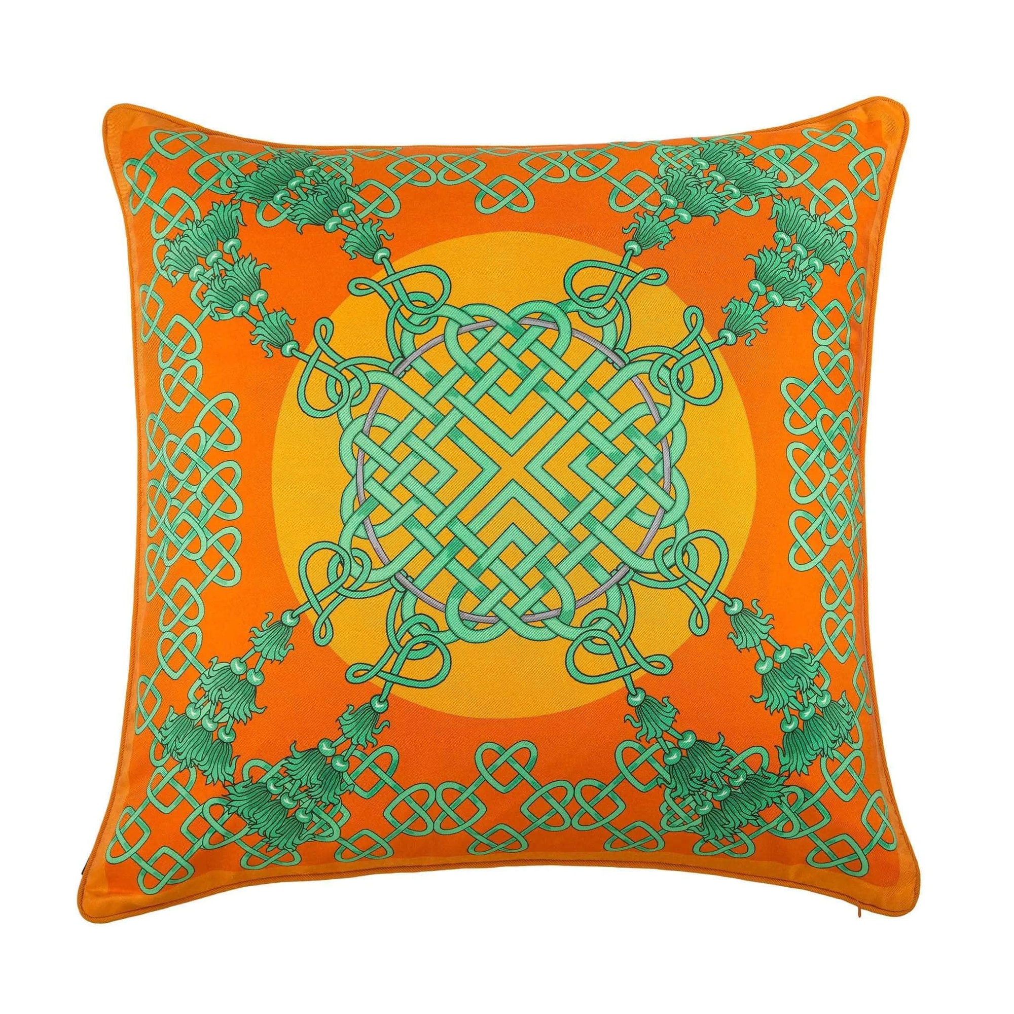 Silk Twill Orange & Green Chinese Knot Print Xanadu Jade Cushion
