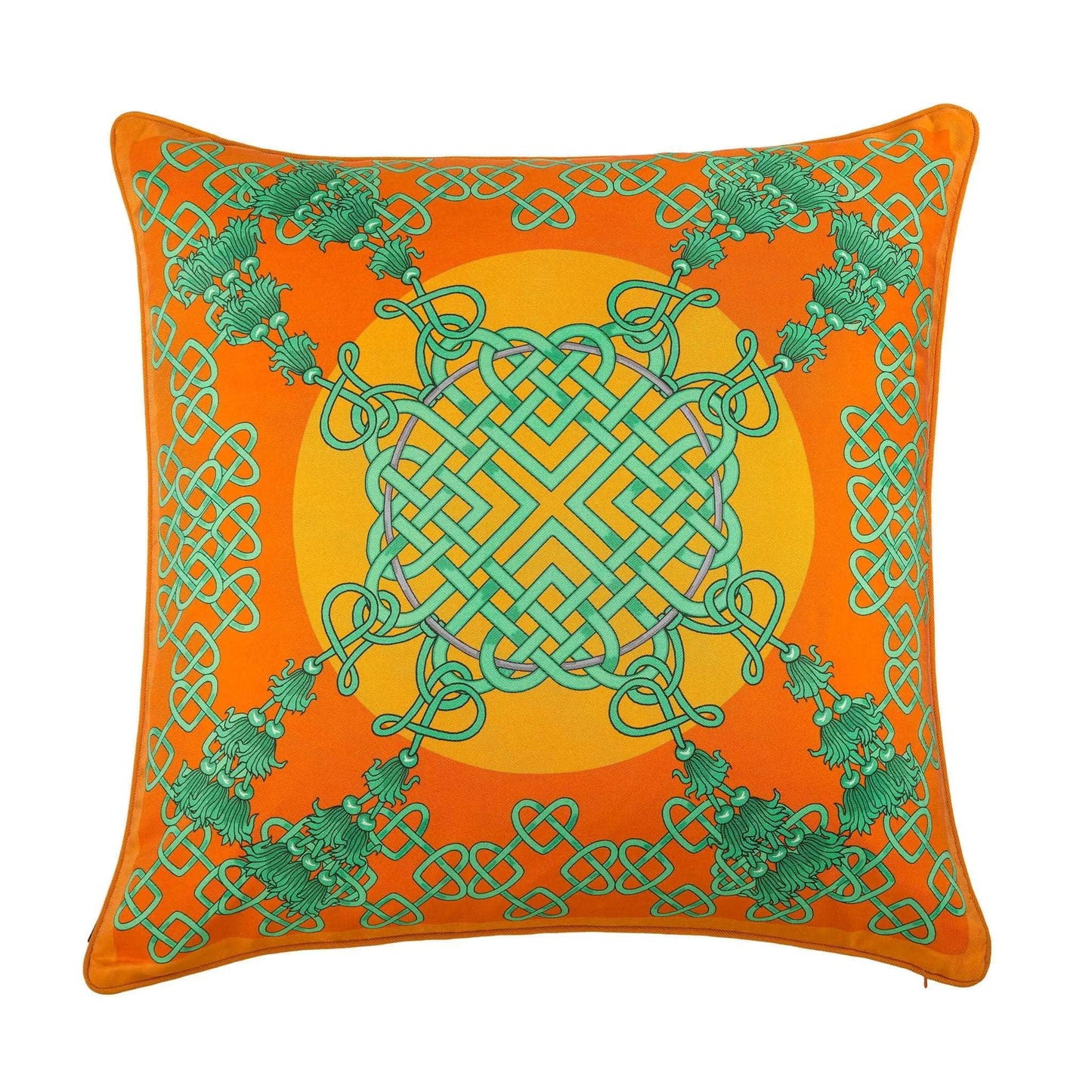 Load image into Gallery viewer, Silk Twill Orange &amp;amp; Green Chinese Knot Print Xanadu Jade Cushion
