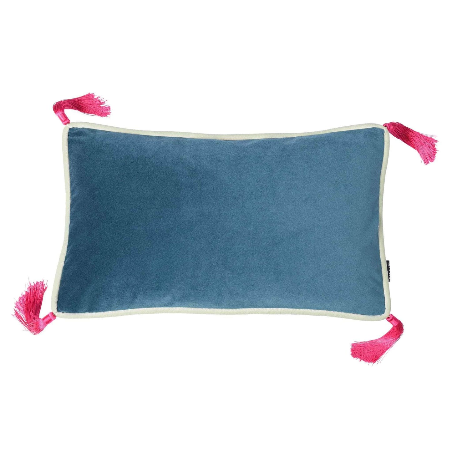 Teal velvet rectangular cushion with mint piping and fuschia tassels