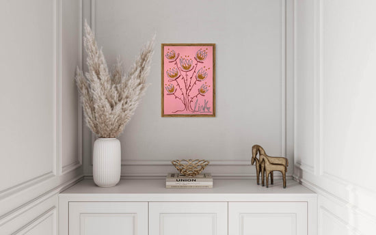 Silver & Gold Flowers on Pink Background | Original Painting A3