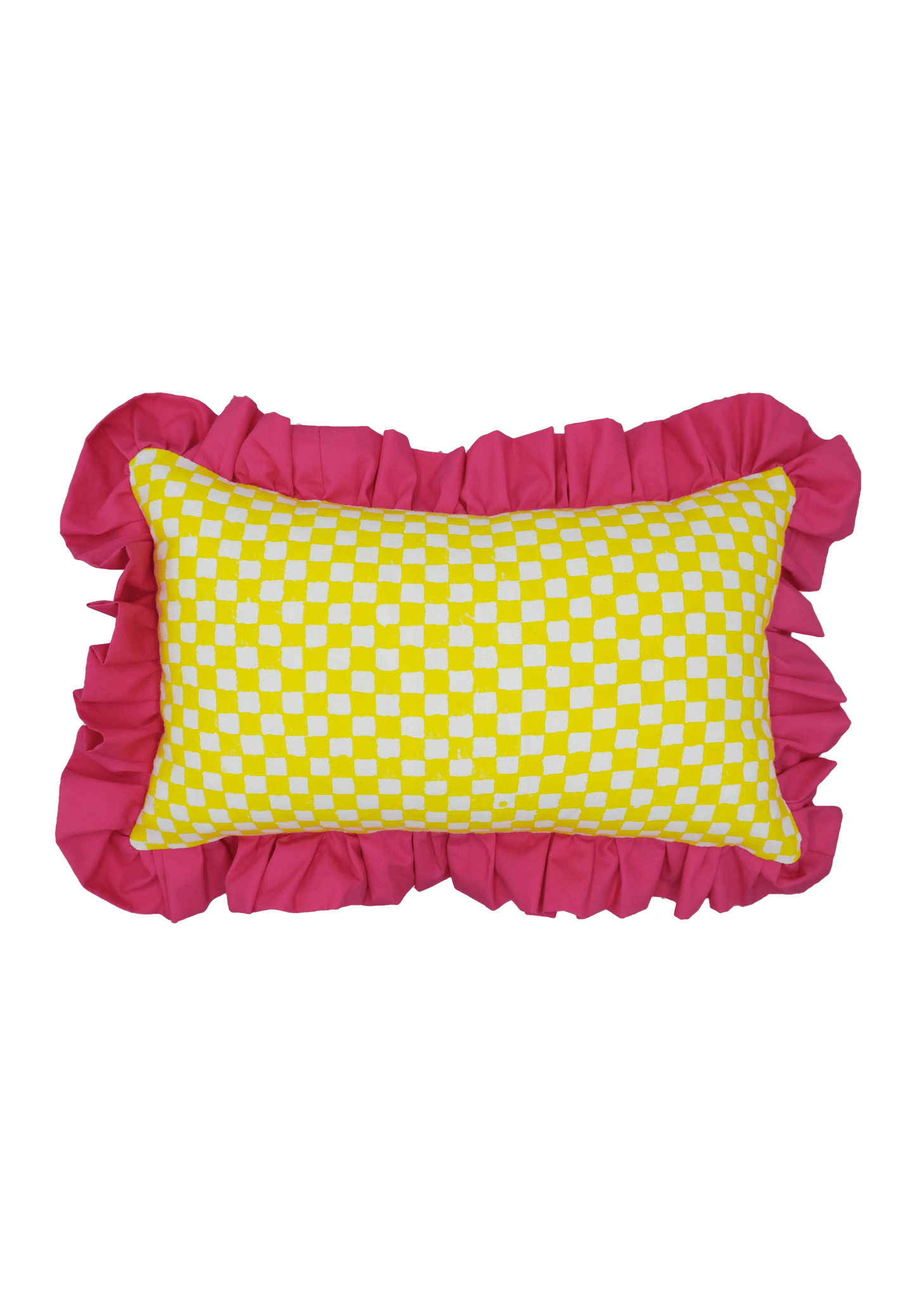 Yellow and White Checkerboard with Ruffle Detail Cushion | Square