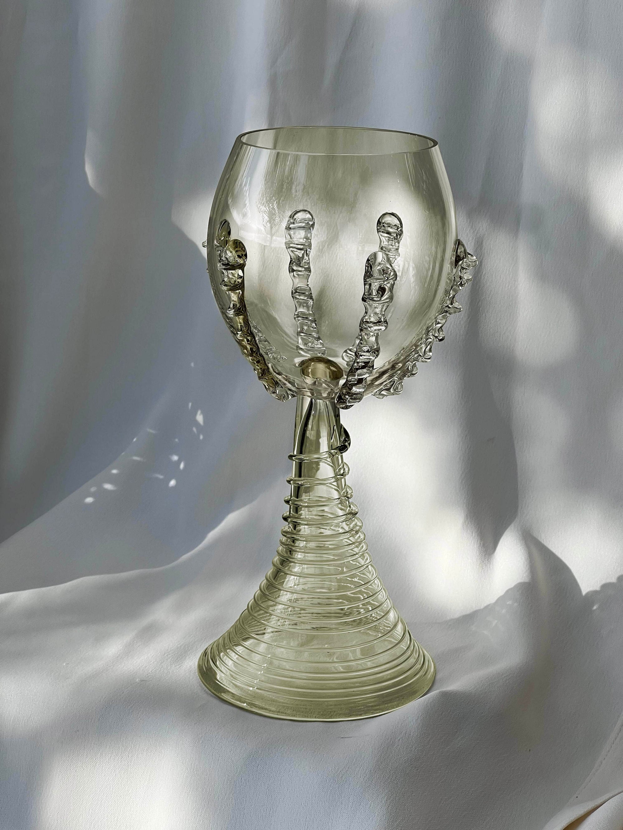Tall Ribbed Green  Mouth Blown Wine Goblets - Set Of Two