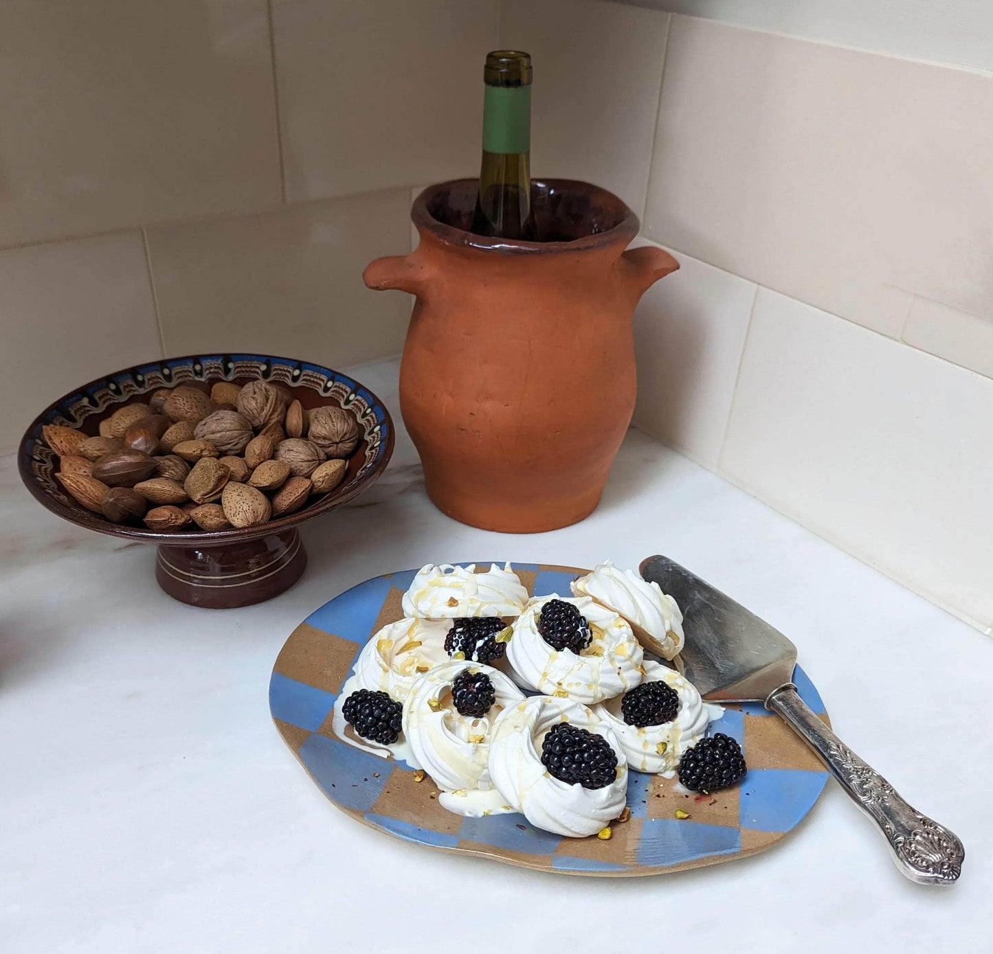 Blue Check Oval Serving Platter