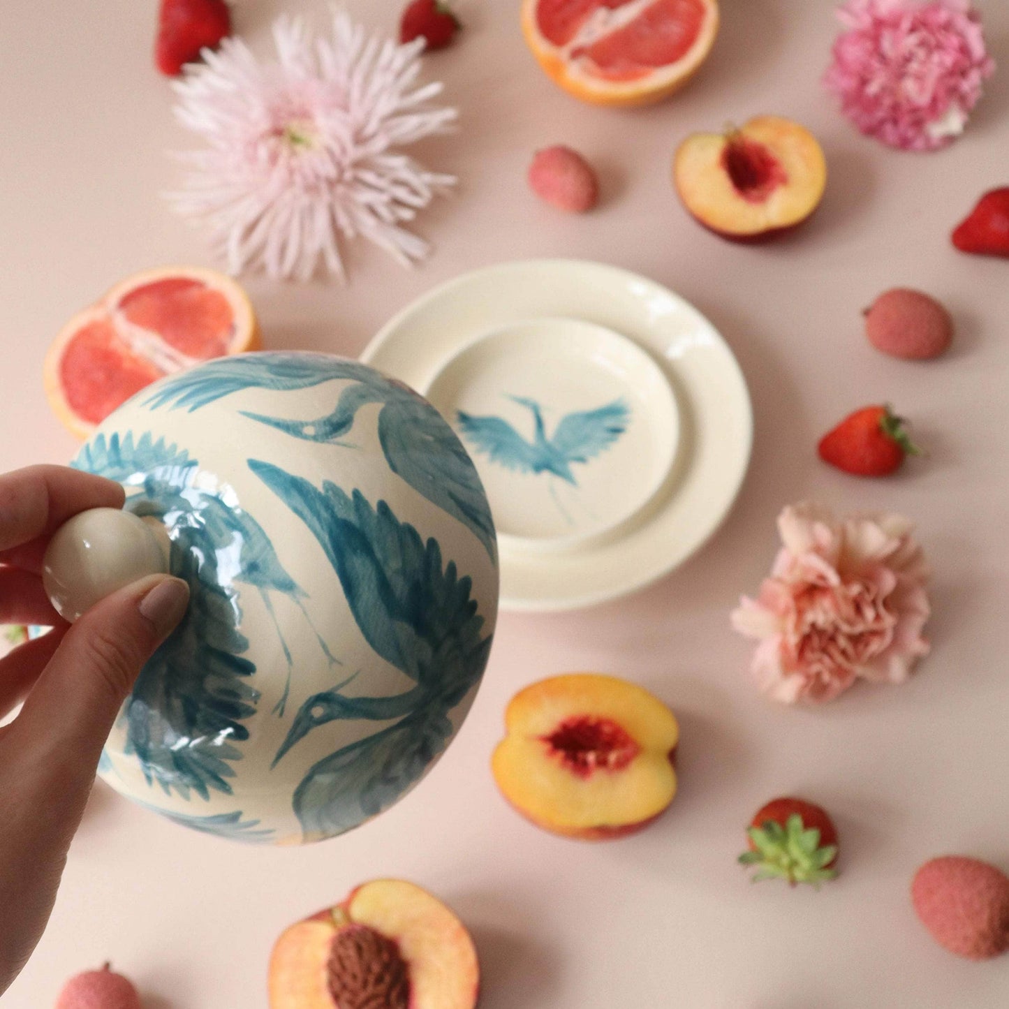 Herons Hand Painted Round Butterdish - Teal