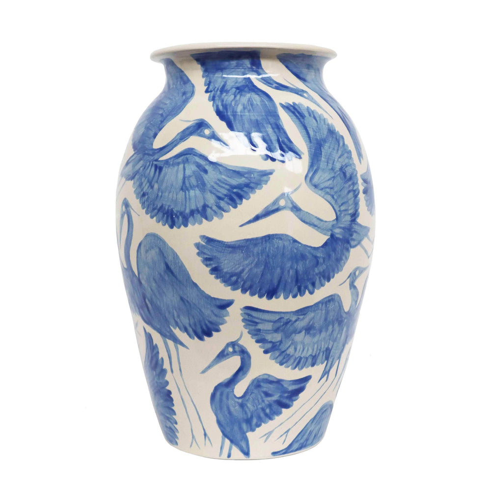 Hand Painted Blue Herons Vase - Large