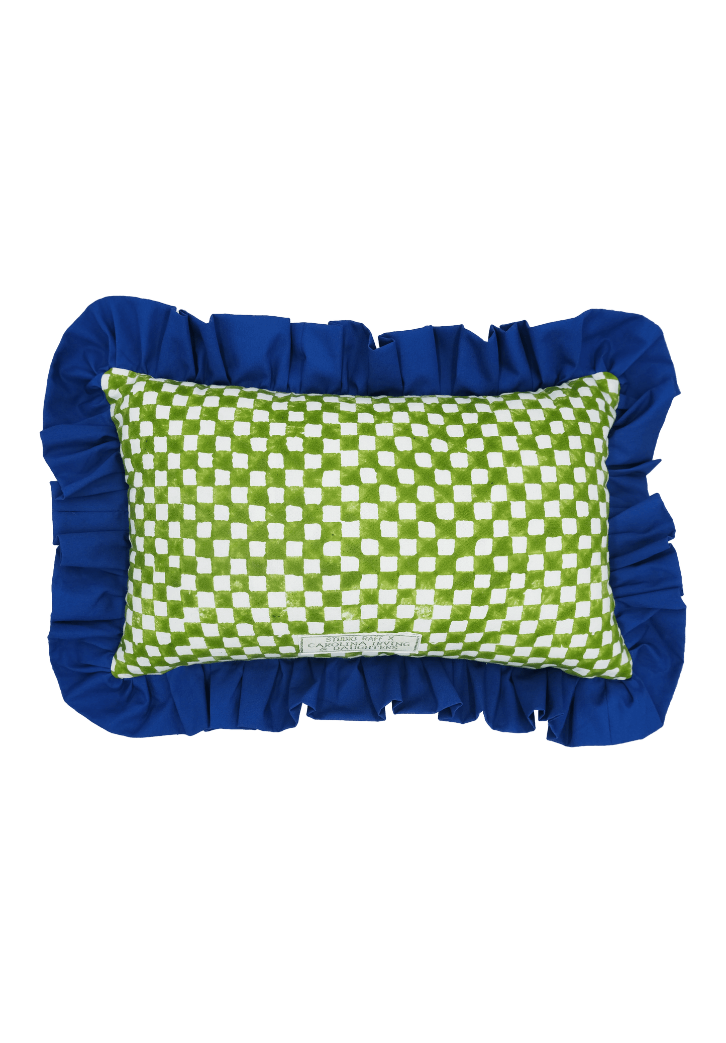 Load image into Gallery viewer, Green and White Checkerboard with Ruffle Detail Cushion | Rectangle
