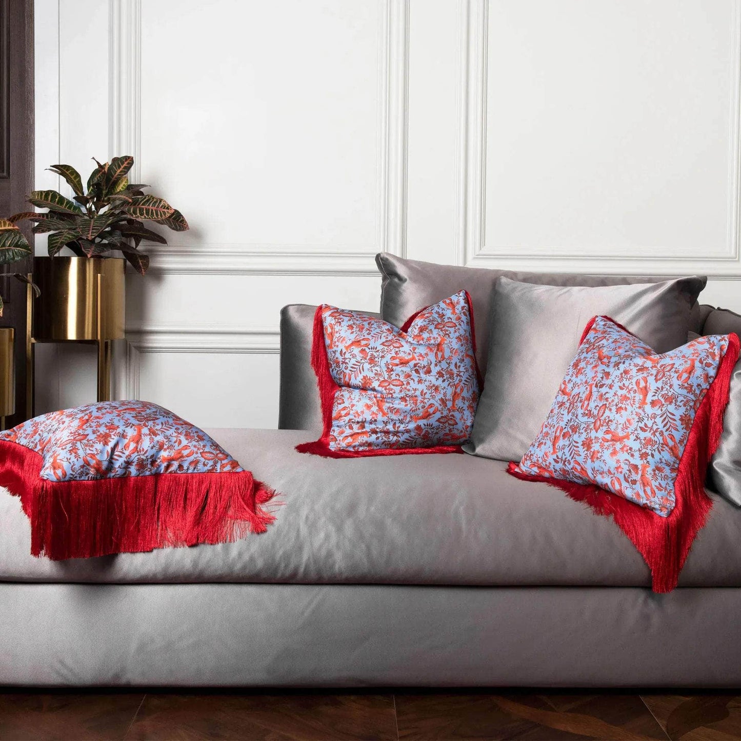 Silk Twill and Velvet Red Lobster-Print Cushion with Fringes