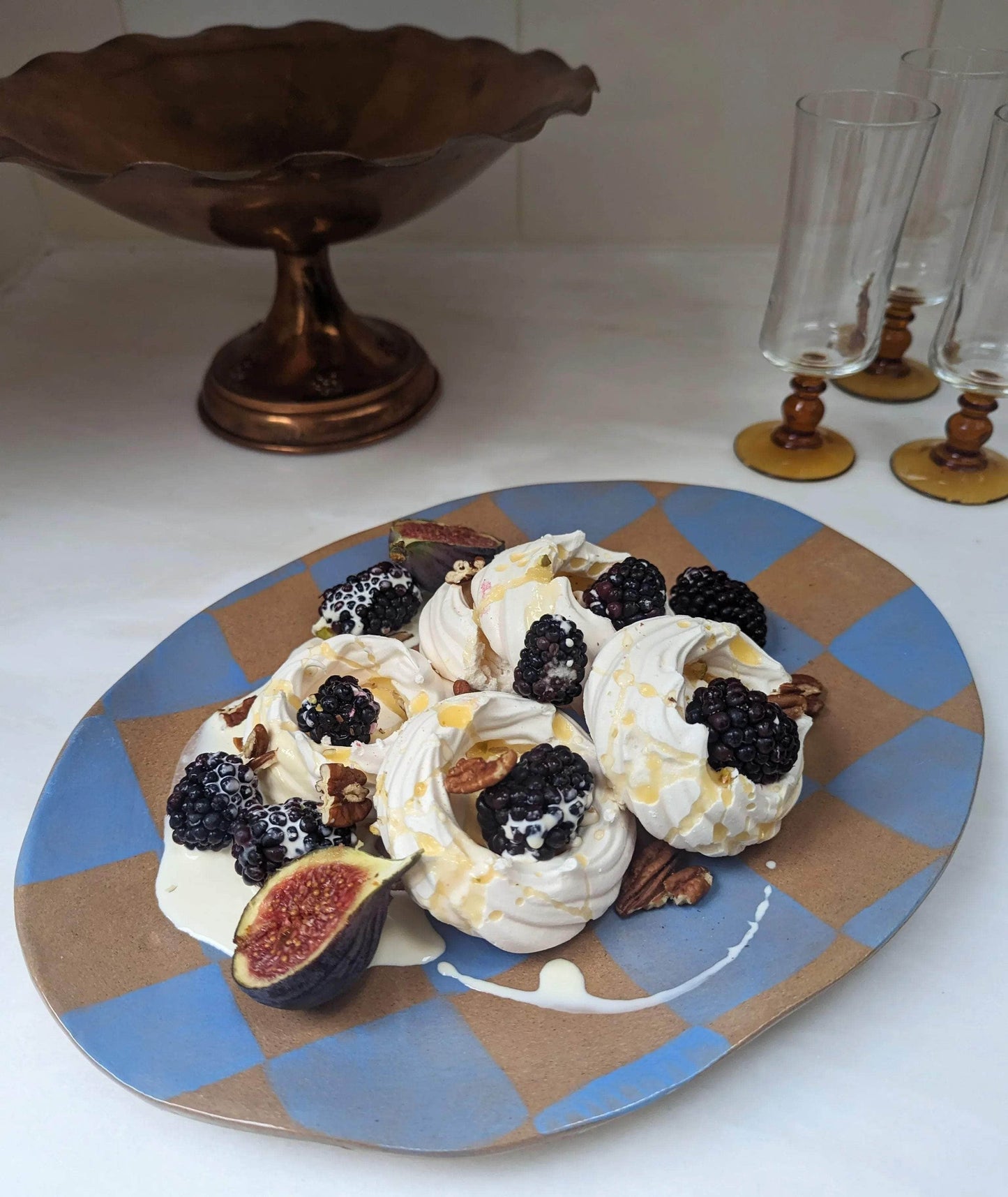 Blue Check Oval Serving Platter