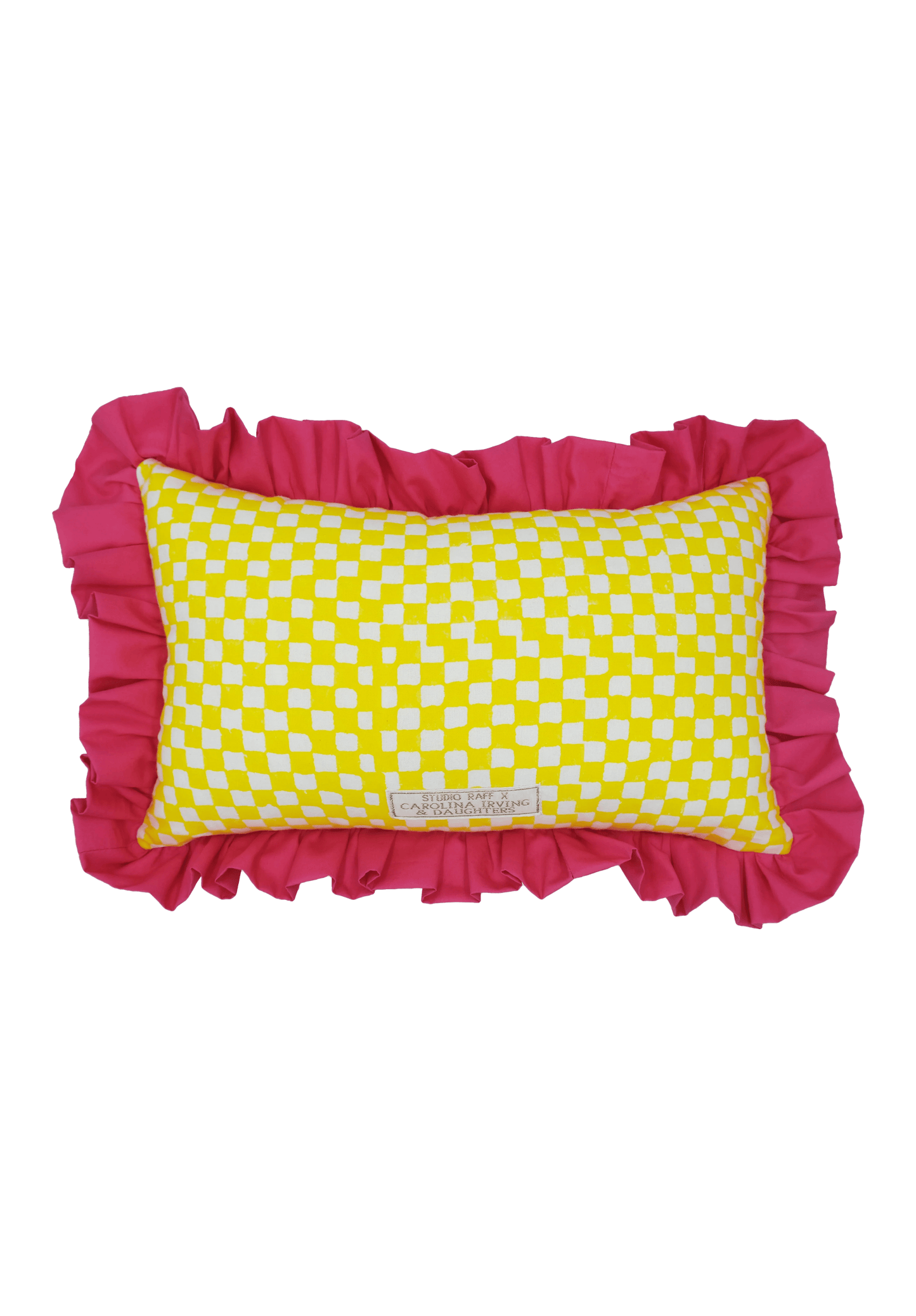 Yellow and White Checkerboard with Ruffle Detail Cushion | Square