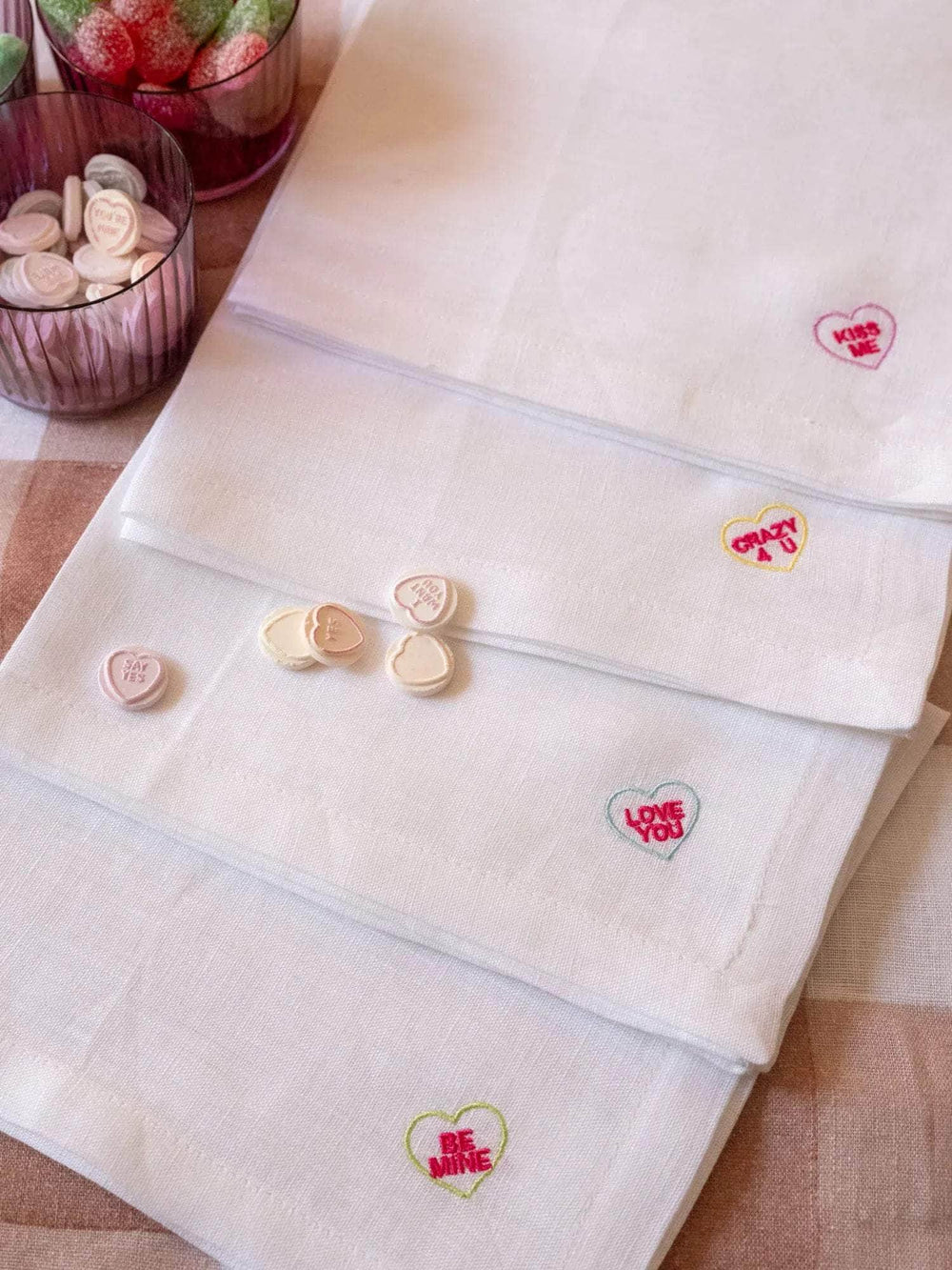 Embroidered Sweetheart Candy Napkins, Set of Four