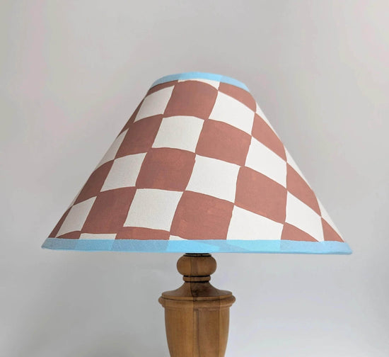 A Pair of Rust & Blue Checkerboard Hand Painted Lampshades