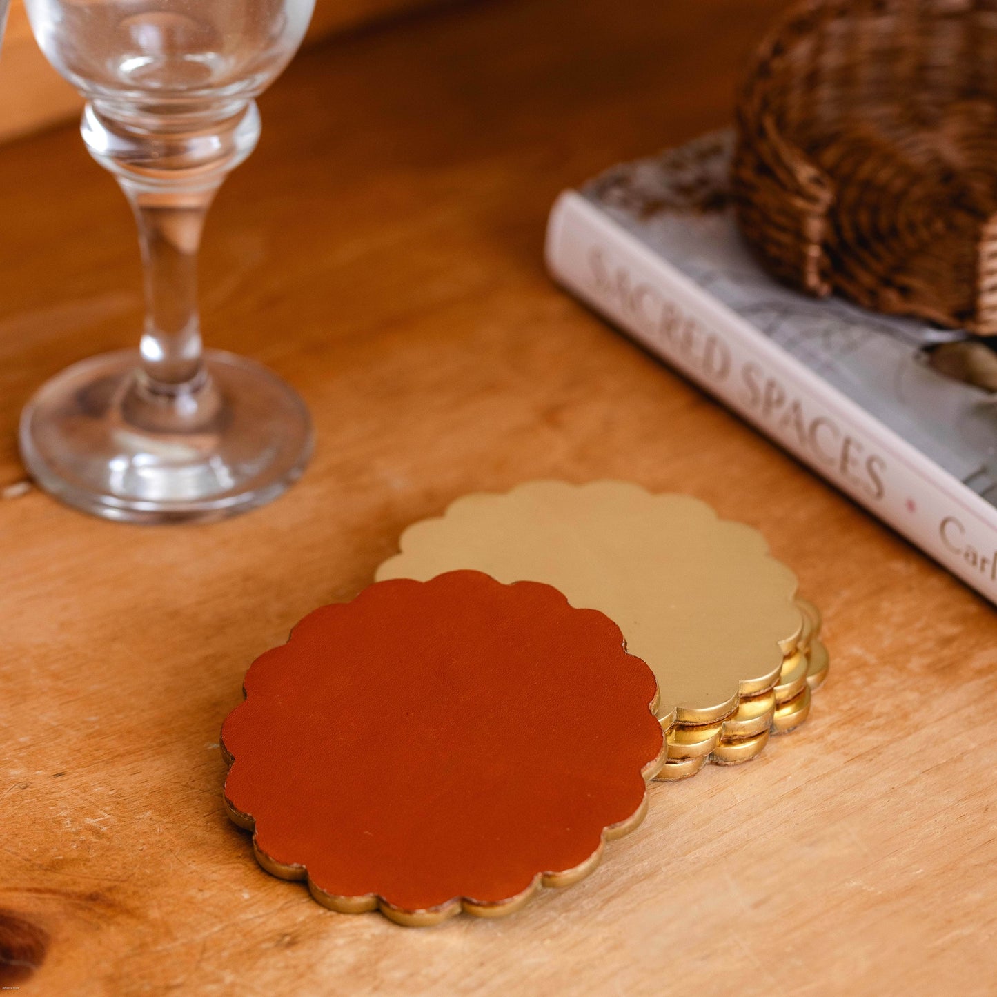 Scalloped Brass Coaster in Rattan Holder, Set of Four