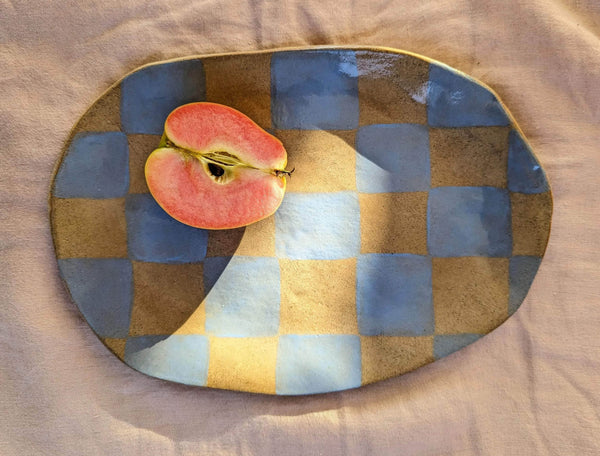 Baby Blue Checks Oval Plate
