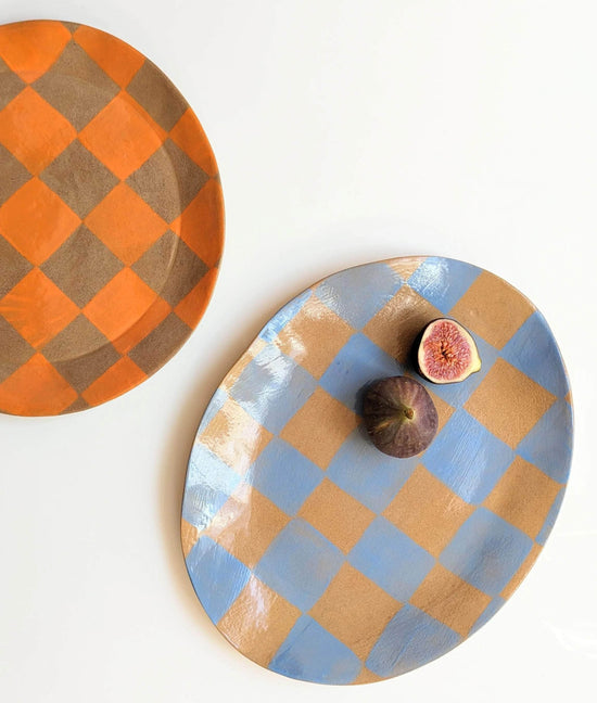 Blue Check Oval Serving Platter