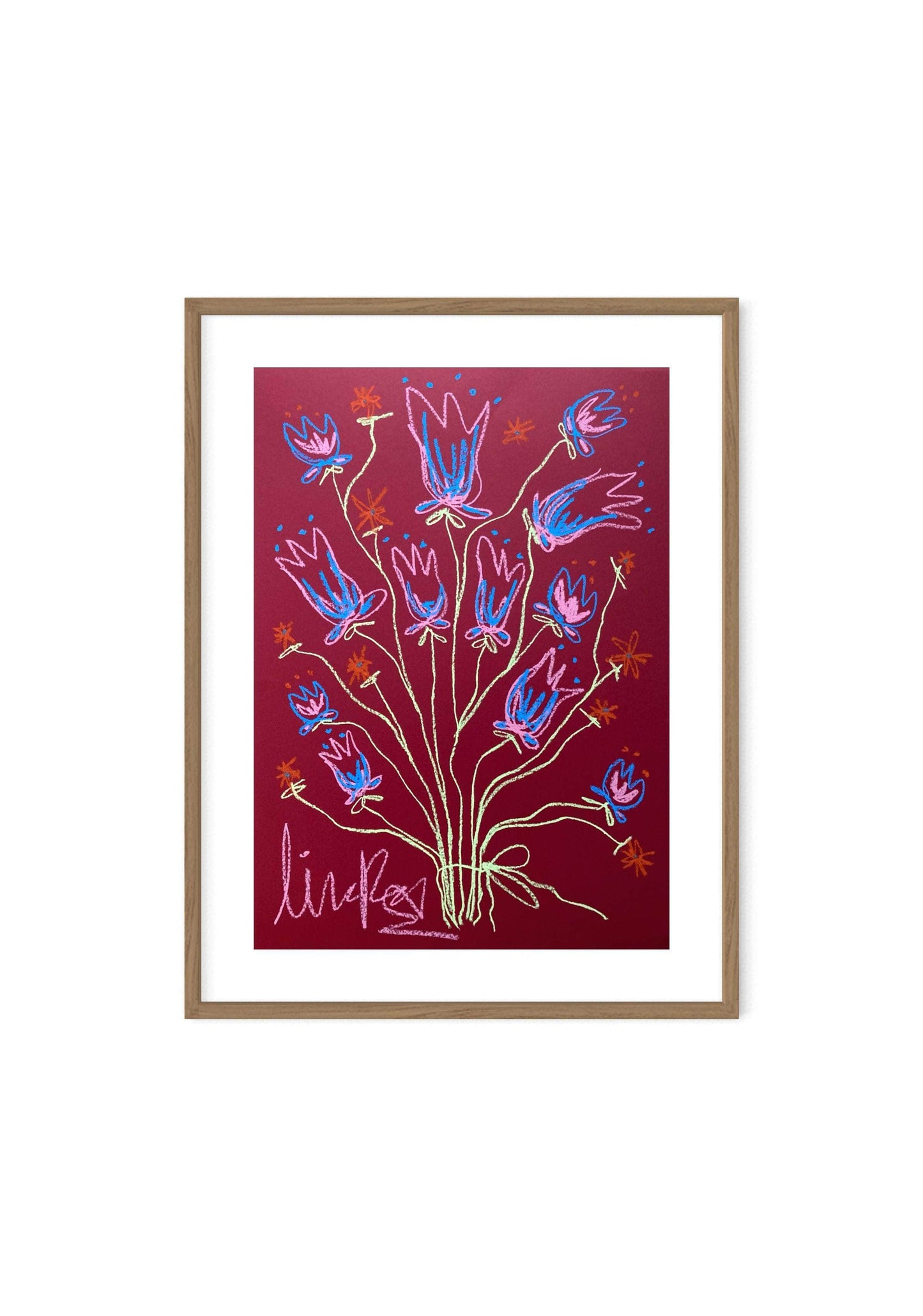 Pink and blue flowers on dark red background  | Original painting 50x70cm