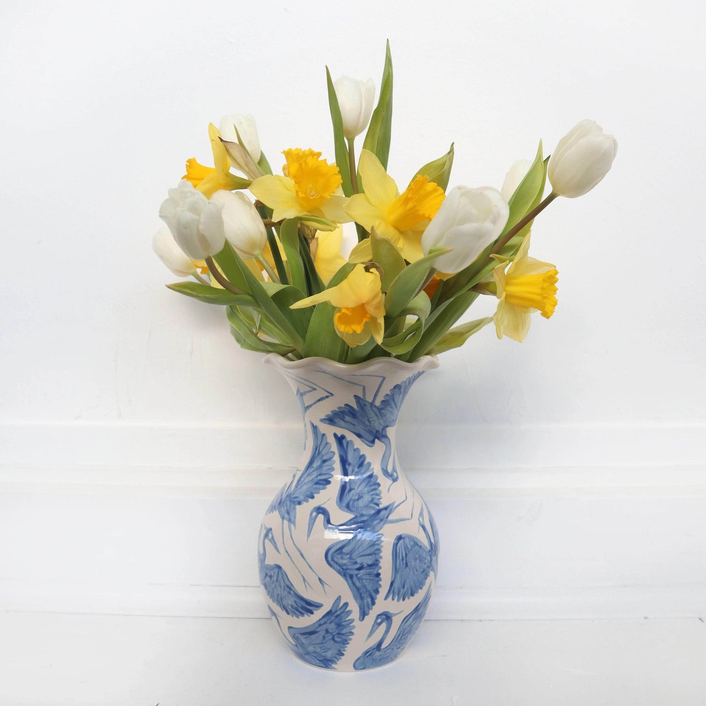 Herons Hand Painted Scalloped Vase - Blue