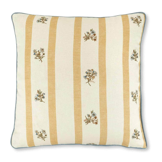 Flax & Field Posy Stripe Cushion in Ochre with Contrast Reverse and Chambray Blue Trim